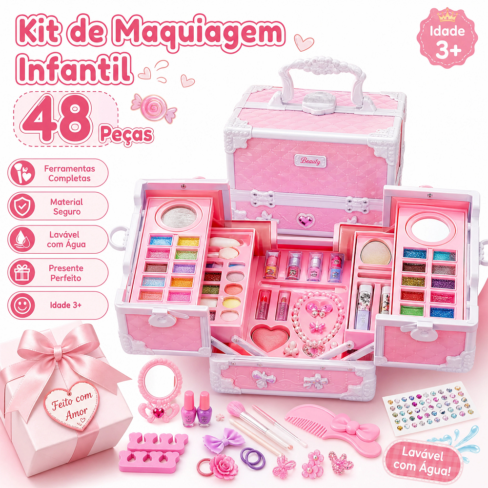48 Piece Children's Makeup Case Washable Kids Makeup Set With Case Com Estojo Maleta