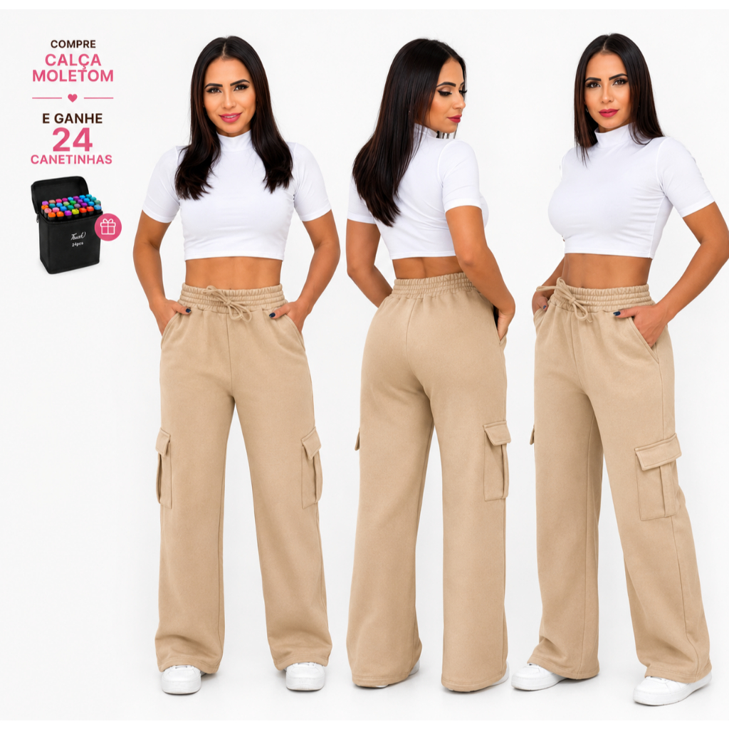 Calça Moletom Flanelada Pantalona Cargo Feminina Estilosa inverno