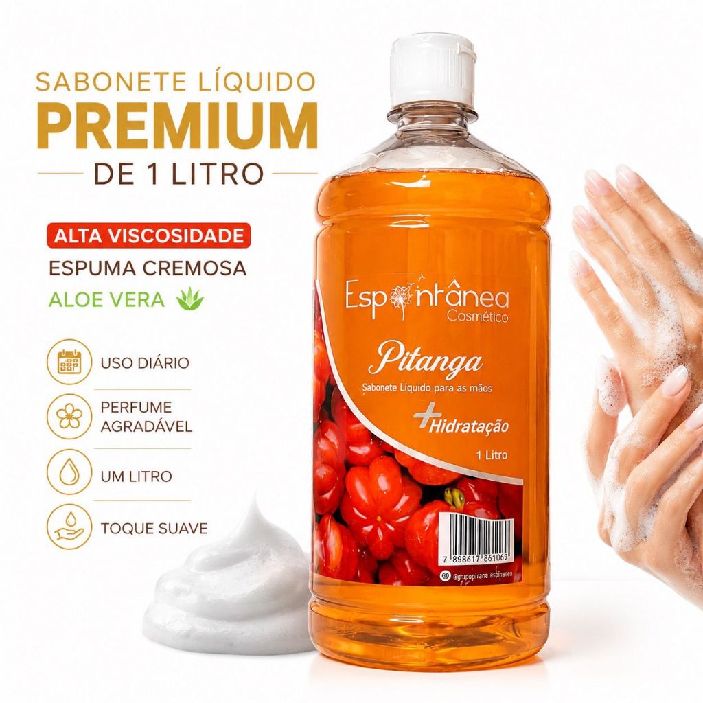 Sabonete Líquido Pitanga 1L Aloe Vera Hidratante Alta Viscosidade Espuma Cremosa Refil Econômico