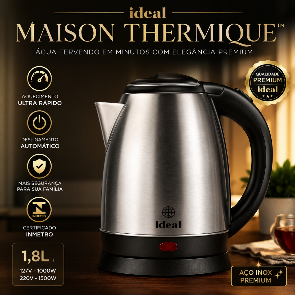 Chaleira Elétrica Inox 1,8L Aquecimento Rápido Desligamento Automático Segurança Inmetro 127V 220V