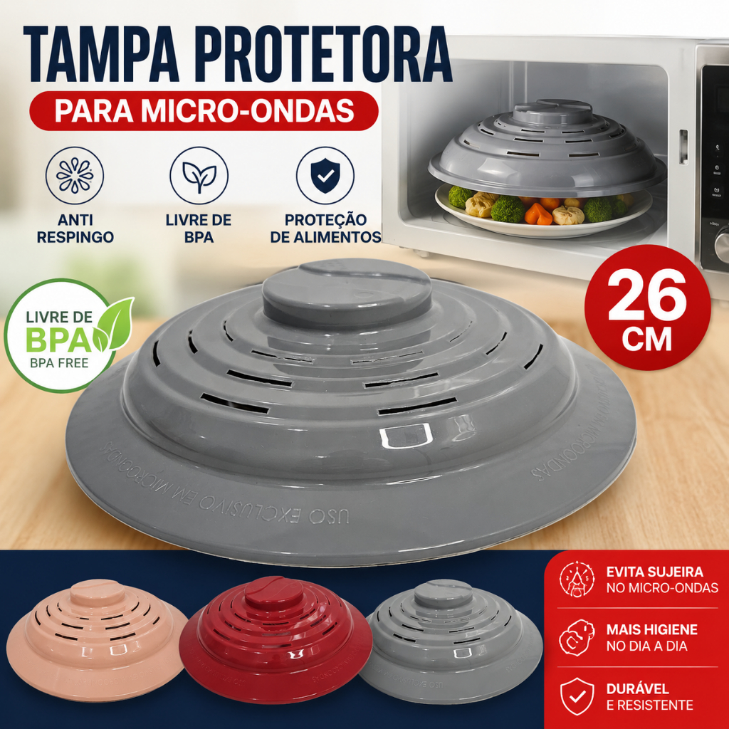 Tampa para Micro-ondas Anti Respingo 26cm Livre BPA Evita Sujeira Proteção de Alimentos