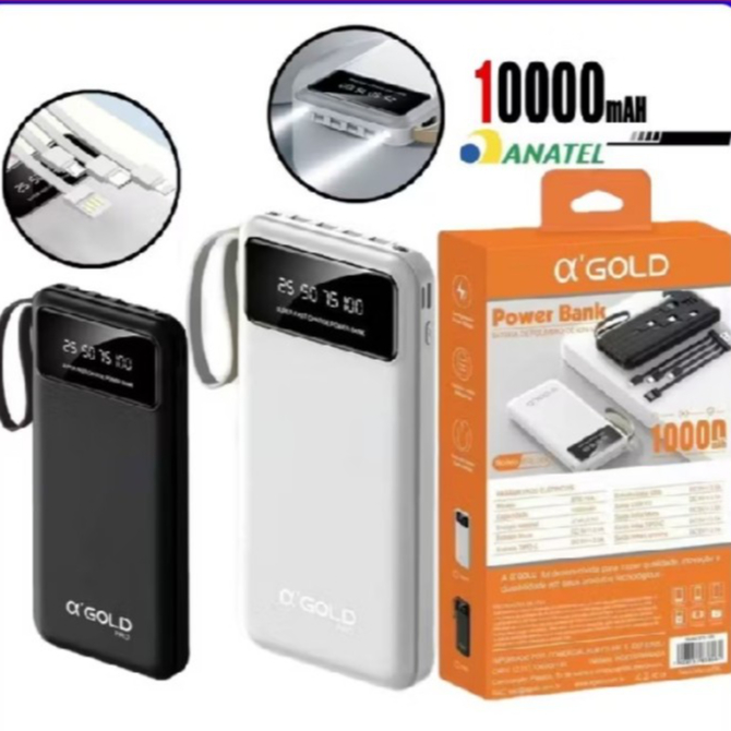 Carregador Power Bank portátil 10000 mAh  bateria Turbo Universal origina Agold com visor e lanterna BTE-18A