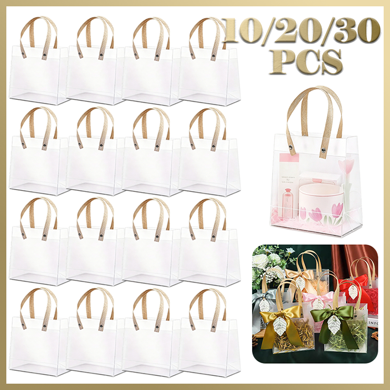 10/20/30 unid Sacola Transparente Fosca de PP com Alça Kraft para Presentes Decoração Lembrancinha