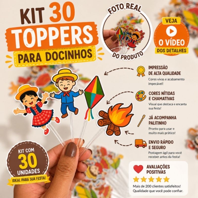 Kit 30 toppers para doces festa junina - Decoração festa junina - Topper para docinhos - Enfeites juninos