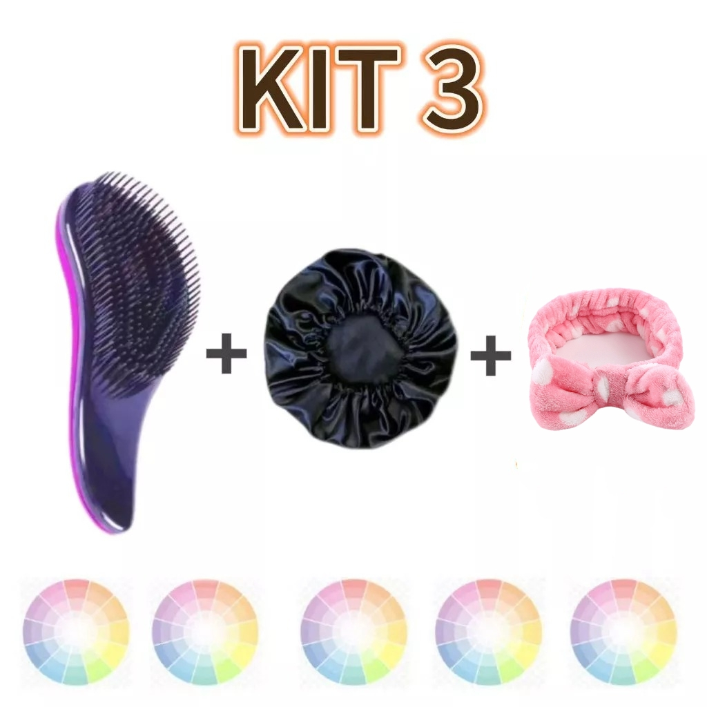 KIT 3 Escova Magica+touca cetim + faixa de cabelo