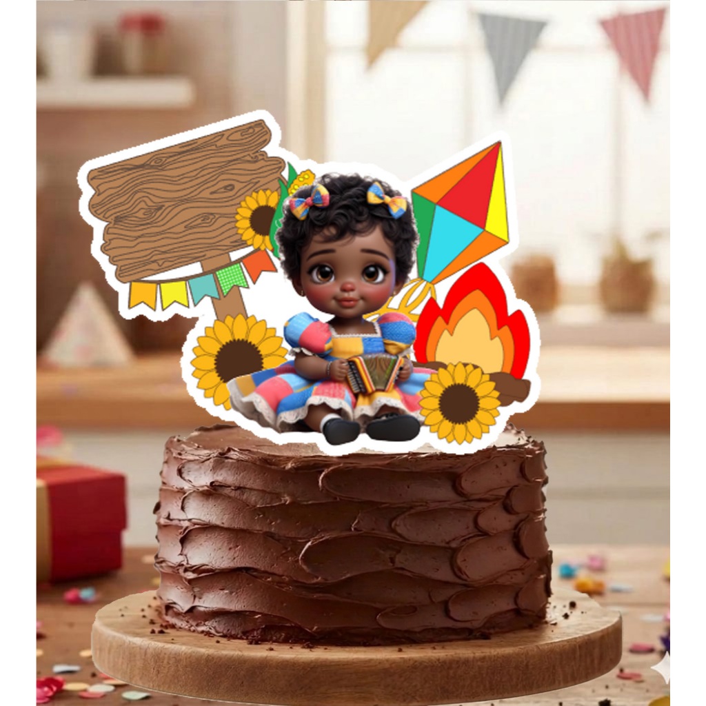 Topo de Bolo Topper Festa Junina Menina Morena Caipira Personalizado Colado nos Palitos