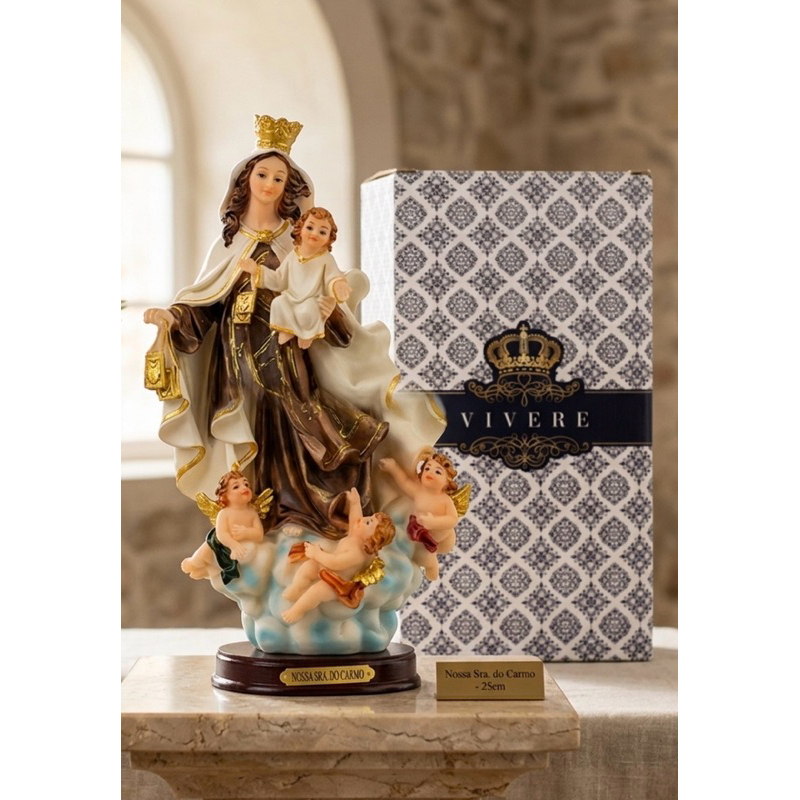 Imagem Nossa Senhora Do Carmo 25cm Resina LUXO Com Anjos Na Caixa