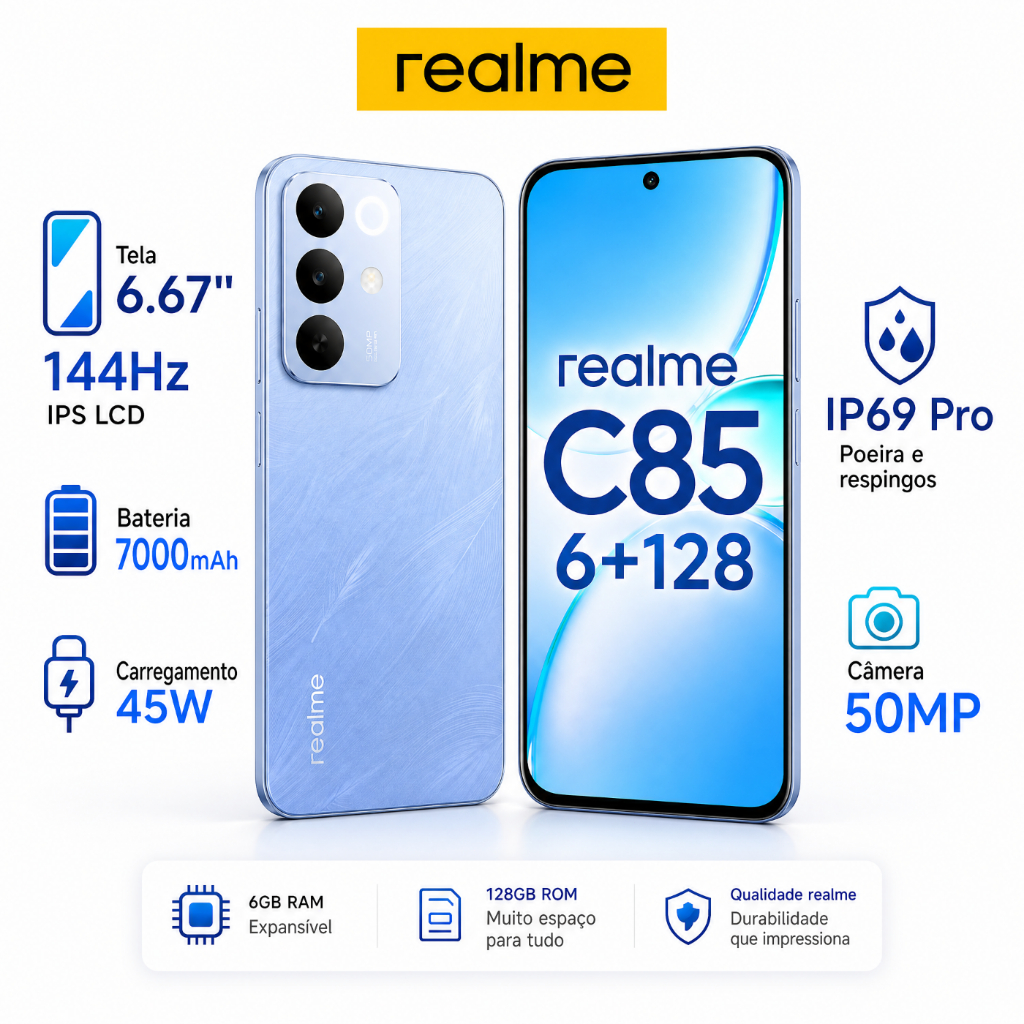 realme C85 6+128GB Smartphone Celular Versão Global Bateria 7000mAh Câmera 50MP NFC Tela 6,8“  IP69K Cinza