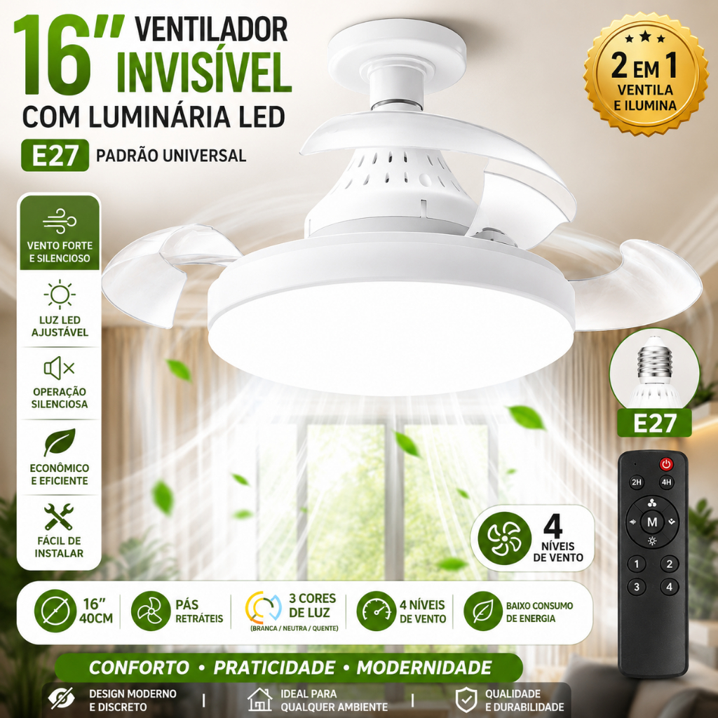 Ventilador de teto pequeno invisível com luz e controle remoto, 16 Polegadas 40cm Silencioso para Quarto