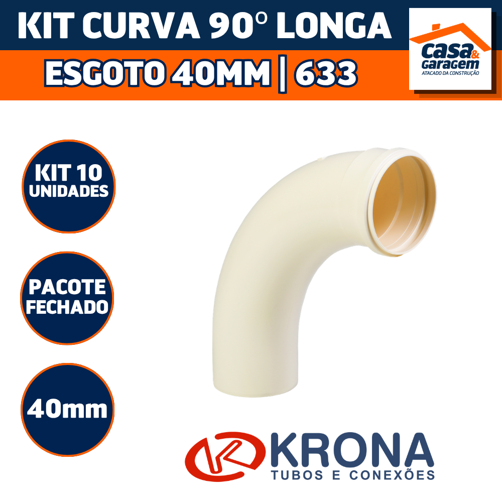 Kit Com 10 Curva 90° Longa Esgoto 40mm 633 Krona Conexão PVC