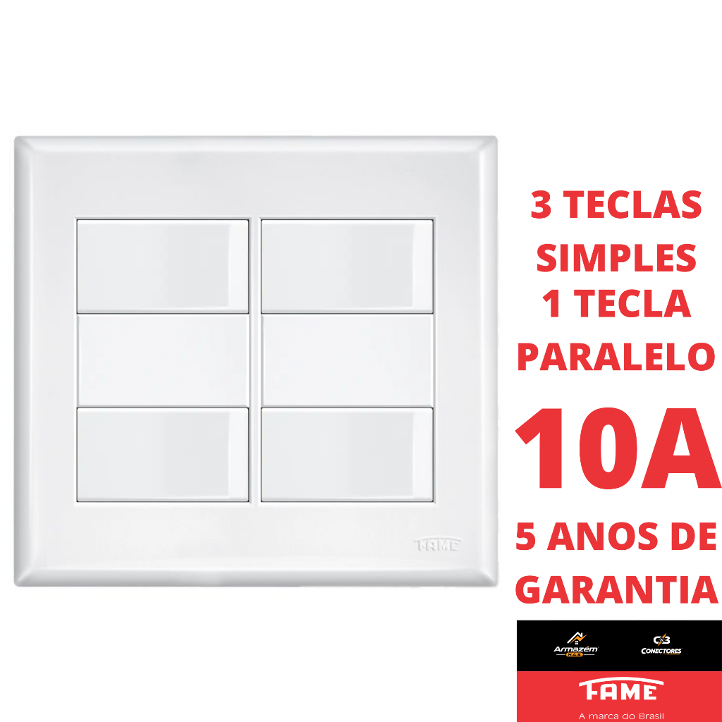 Interruptor Simples 3 Teclas 10A e Paralelo Three Way 1 Tecla Com Placa 4x4 Evidence FAME