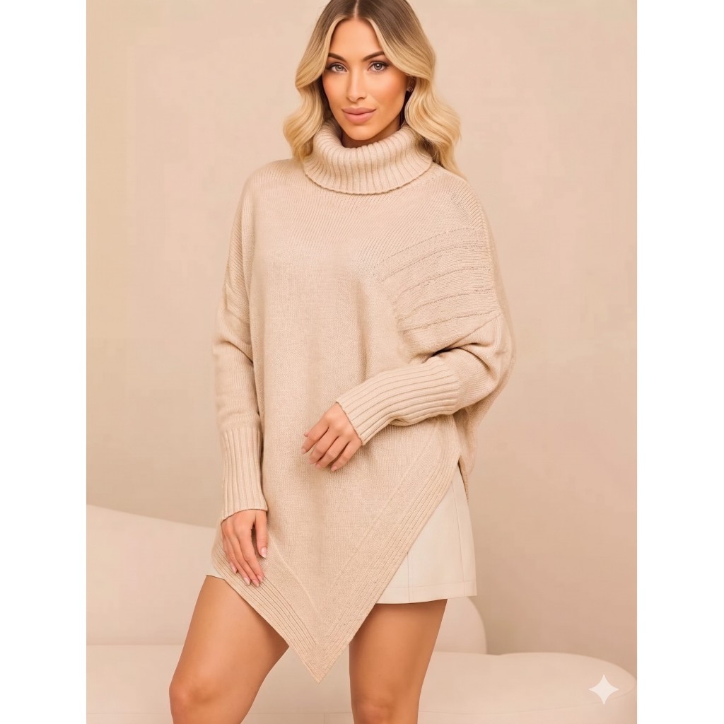 Poncho Triangulo Gola Alta Tricot Inverno Luxo