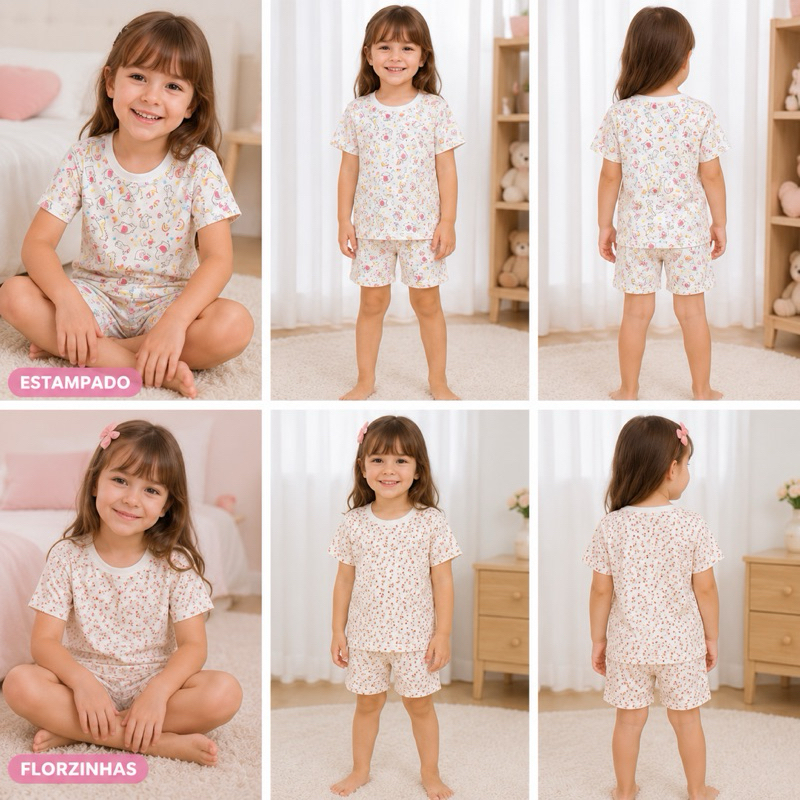 Pijama   Infanto-juvenil  Feminino Verão Menina Conjunto Camiseta e Short Estampado Floral Safari 100% algodão