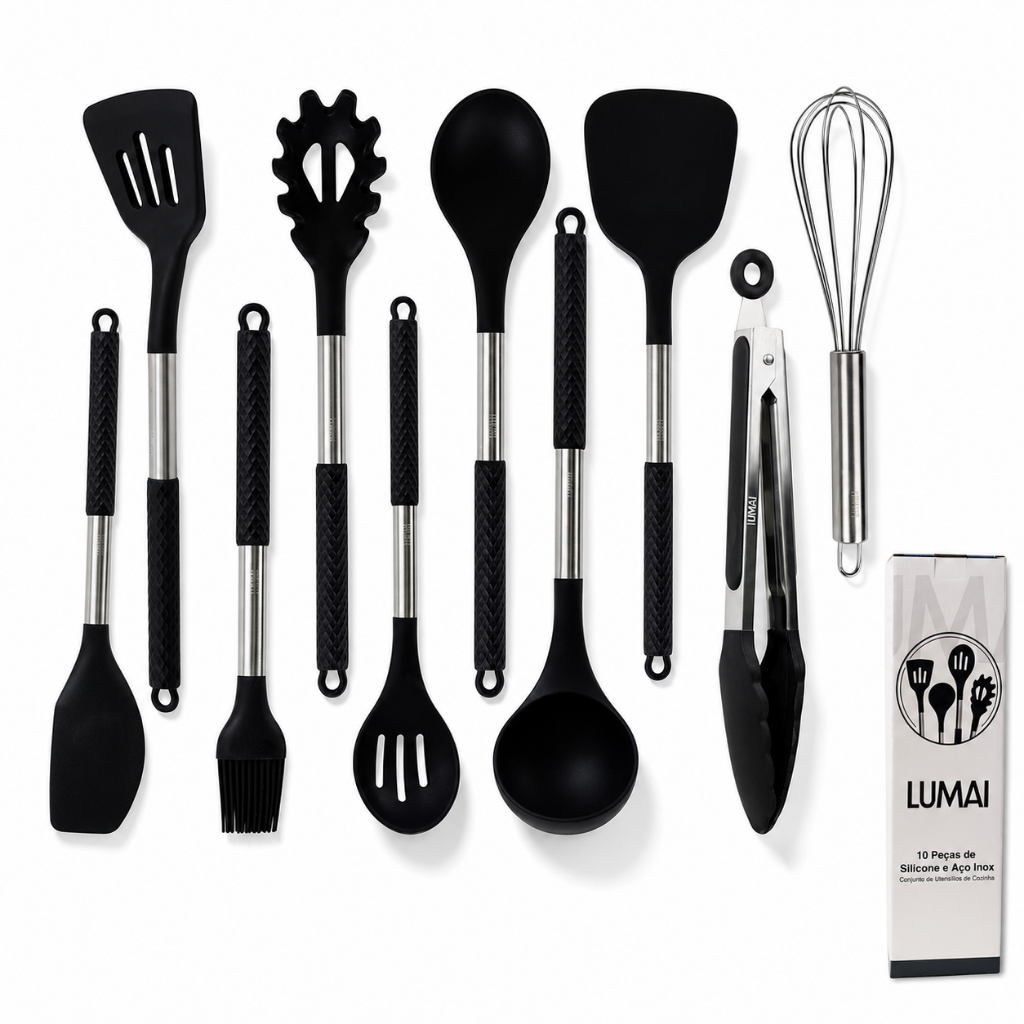 Lumai Kit 10 Utensílios Cozinha Silicone Inox Espátula Concha Pincel Pegador Panela Antiaderente