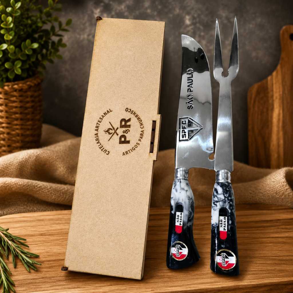 Kit Churrasco Cutelaria Artesanal Faca Picanheira e Garfo Aço Inox Premium com estojo em mdf