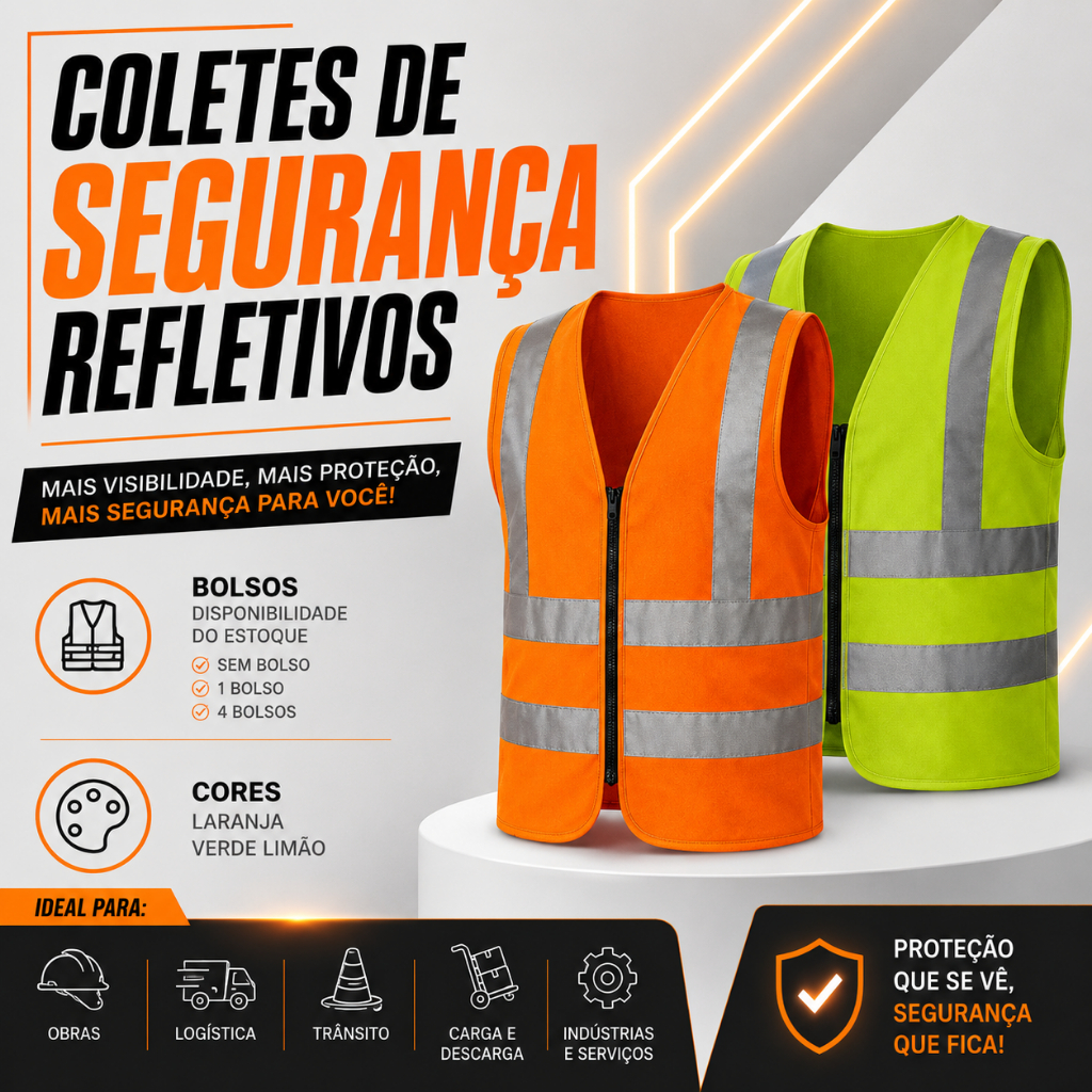 Colete Refletivo Com Ziper EPI Segurança Alta Visibilidade Verde e Laranja Com e Sem Bolso Tamanho do P ao XXXG