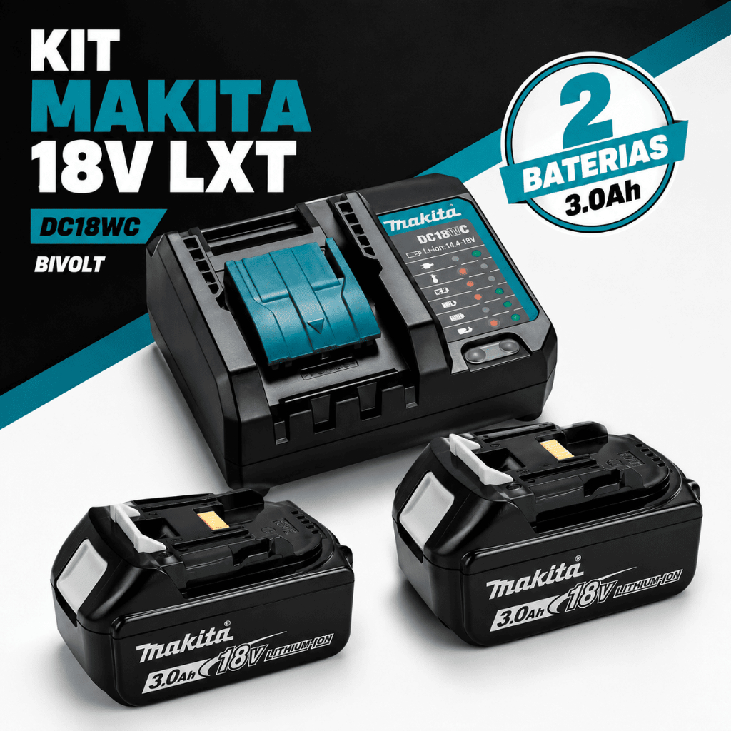Kit Carregador Makita DC18WC Bivolt 18V LXT com 2 Baterias BL1830B 3Ah
