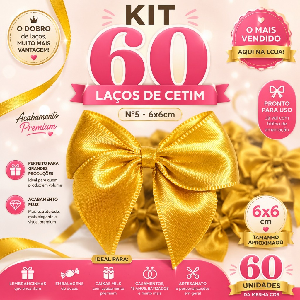 Kit 60 Laços de Cetim Nº5 6x6cm p/ Festas e Doces