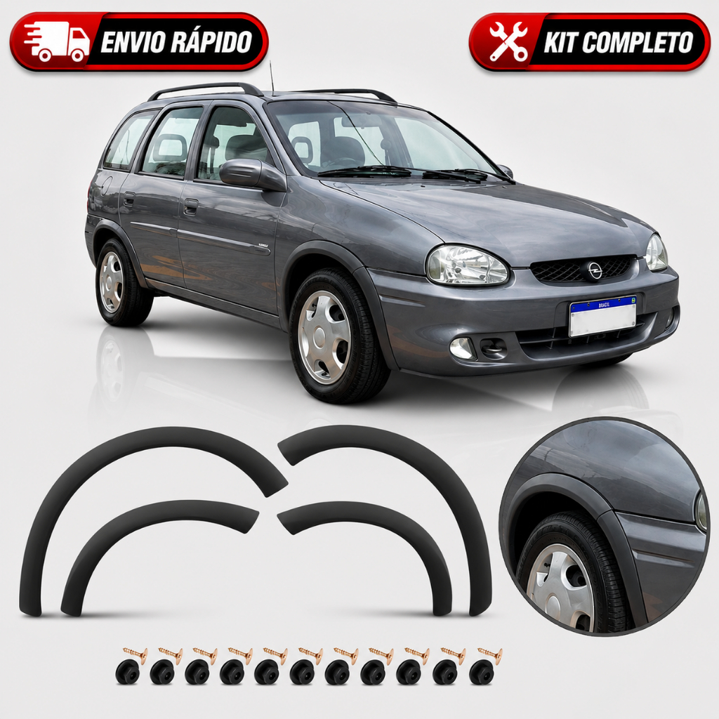 Kit 4 Molduras Para-Lama Corsa Wagon - Classic 94 A 02 Lisa Para Pintura + Kit Fixação 4 Portas