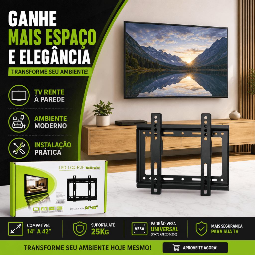 Suporte Fixo de Parede Universal para TV LCD LED OLED QLED 14 a 42 Polegadas Aço Reforçado Preto