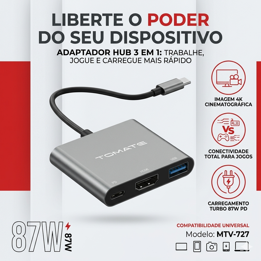 Adaptador Tipo-C Para HDMI 4K USB 3.0 PD 87W Hub Multifuncional 3 Em 1