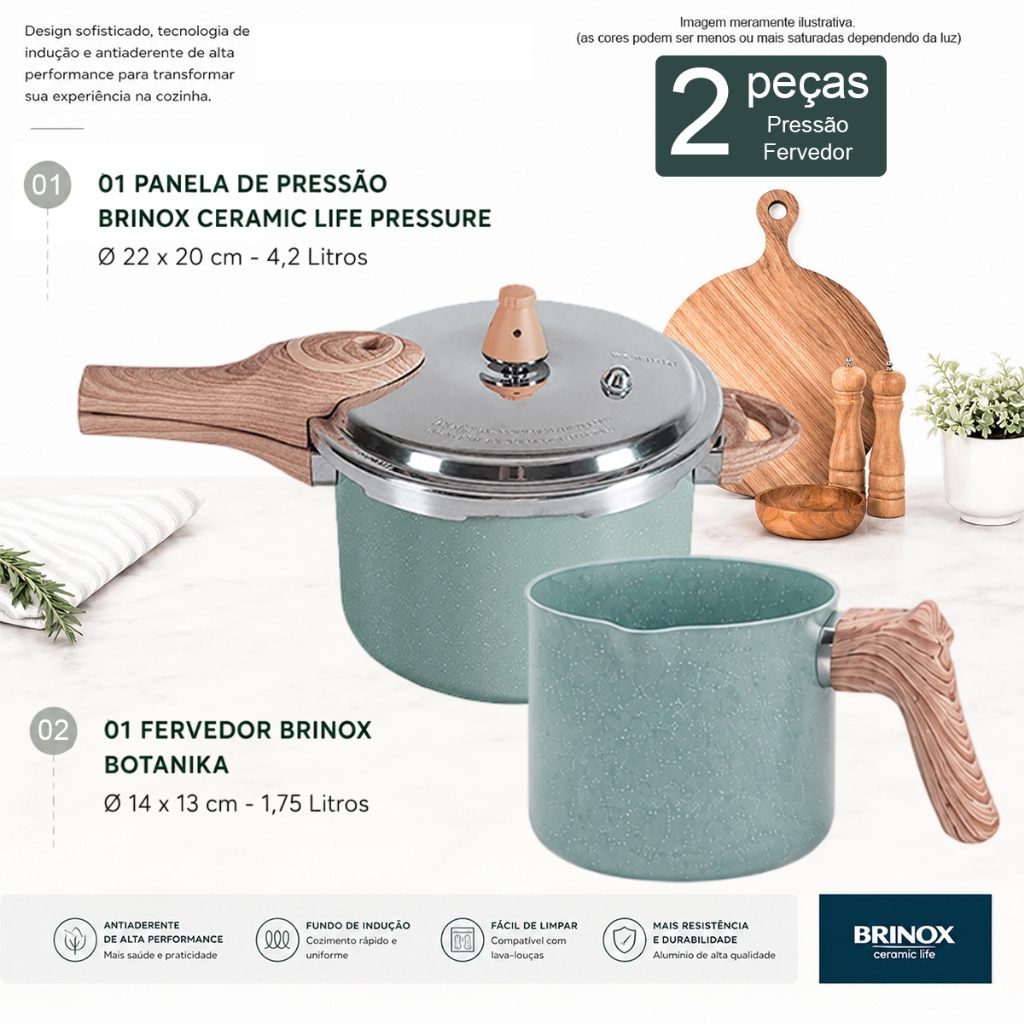 Panela de Pressão 4,2L e Fervedor 1,7L 14cm Brinox Ceramic Life Botanika com Indução 2pçs — imagem 2 de 2