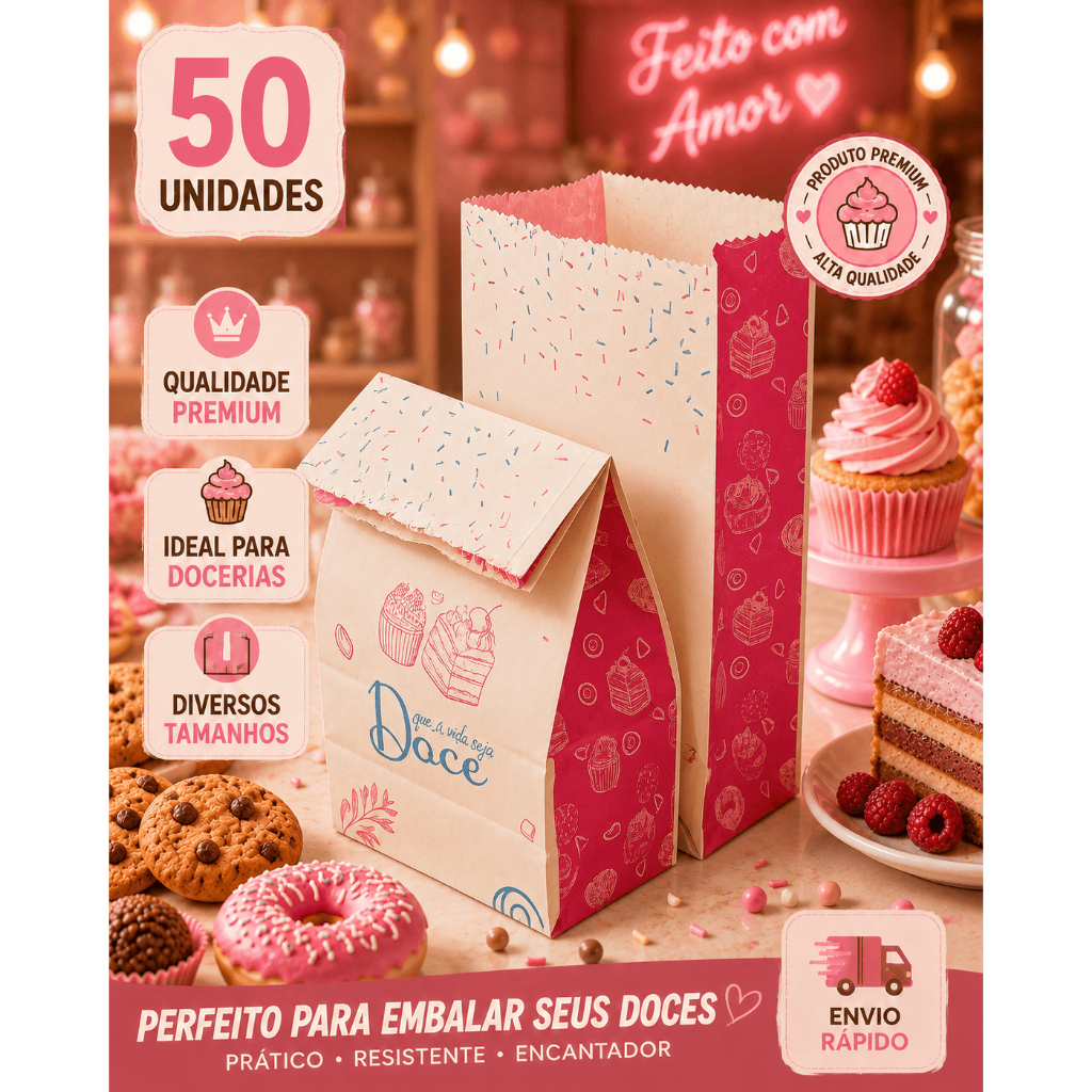 SACO KRAFT SOS DELIVERY TEMA DOCERIA DOCINHOS COOKIES COM 50/100 UNIDADES TODOS OS TAMANHOS