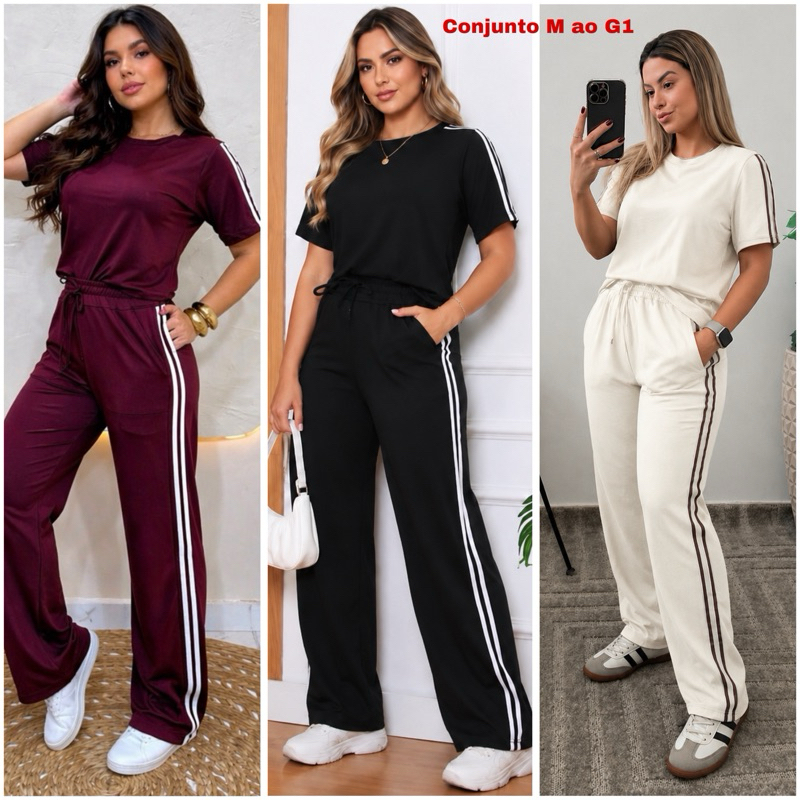 Conjunto Feminino Moletinho Com Listra Na Lateral Calça pantalona Blusa manga Curta com Elastano .