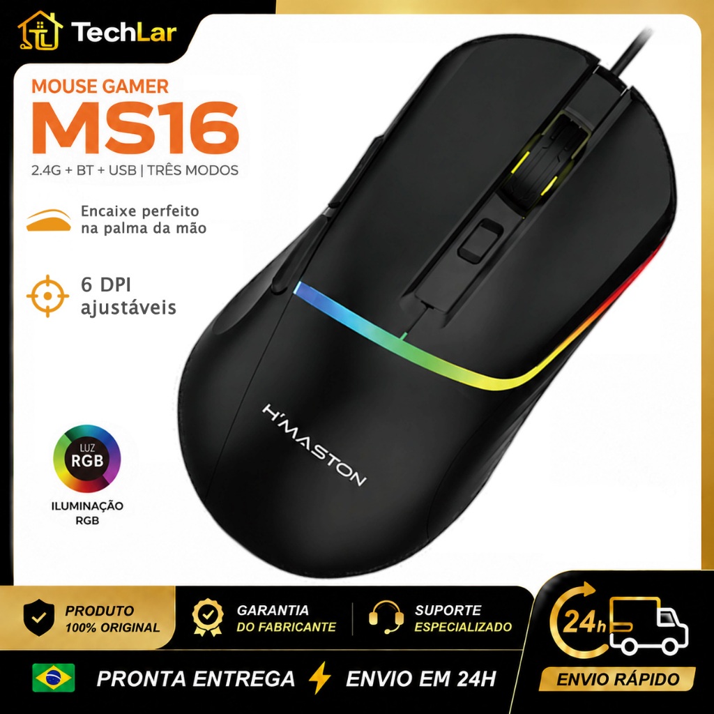 Mouse Gamer Sem Fio H’Maston MS16 RGB Ergonômico 6 Níveis DPI USB Tipo-C 2.4G Bluetooth Recarregável