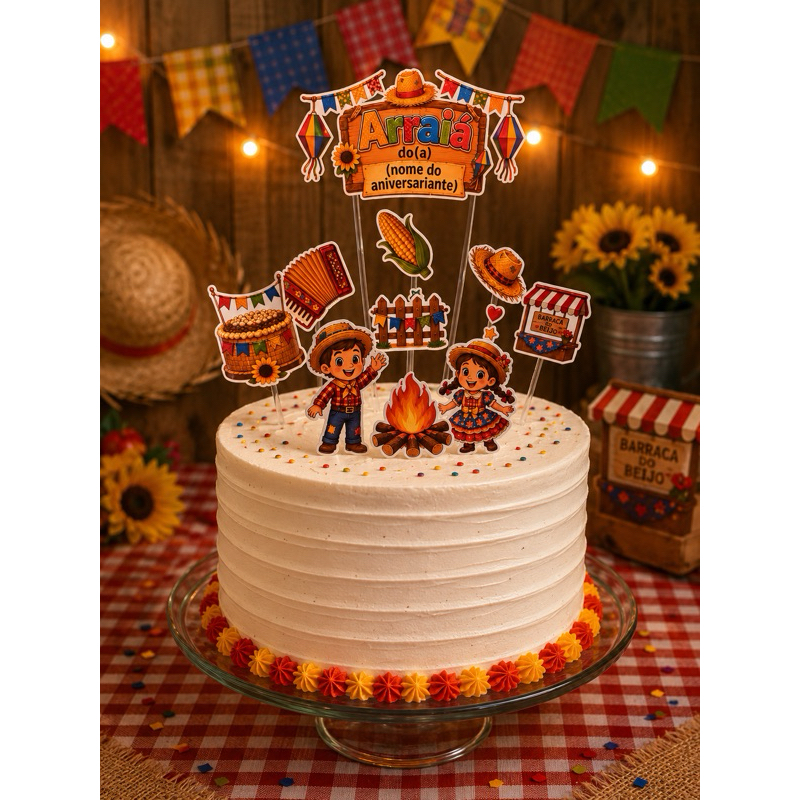Topo de Bolo Arraiá Personalizado | Festa Junina | Kit Completo | Decoração para Bolo