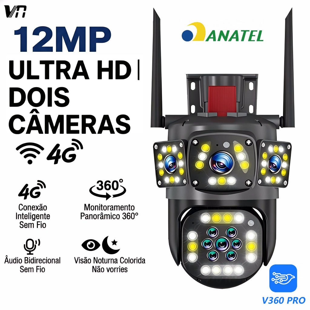 Câmera de Segurança WiFi e 4G V360 2 Lentes 360° 4K IP66 Rastreio de Movimento Alarme Luminoso P20