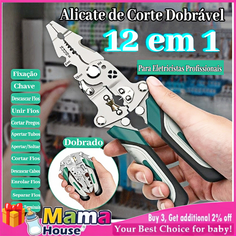 Alicate Multifuncional 12 em 1 Profissional Alicate Elétrico com Cortador Decapador e Prensador