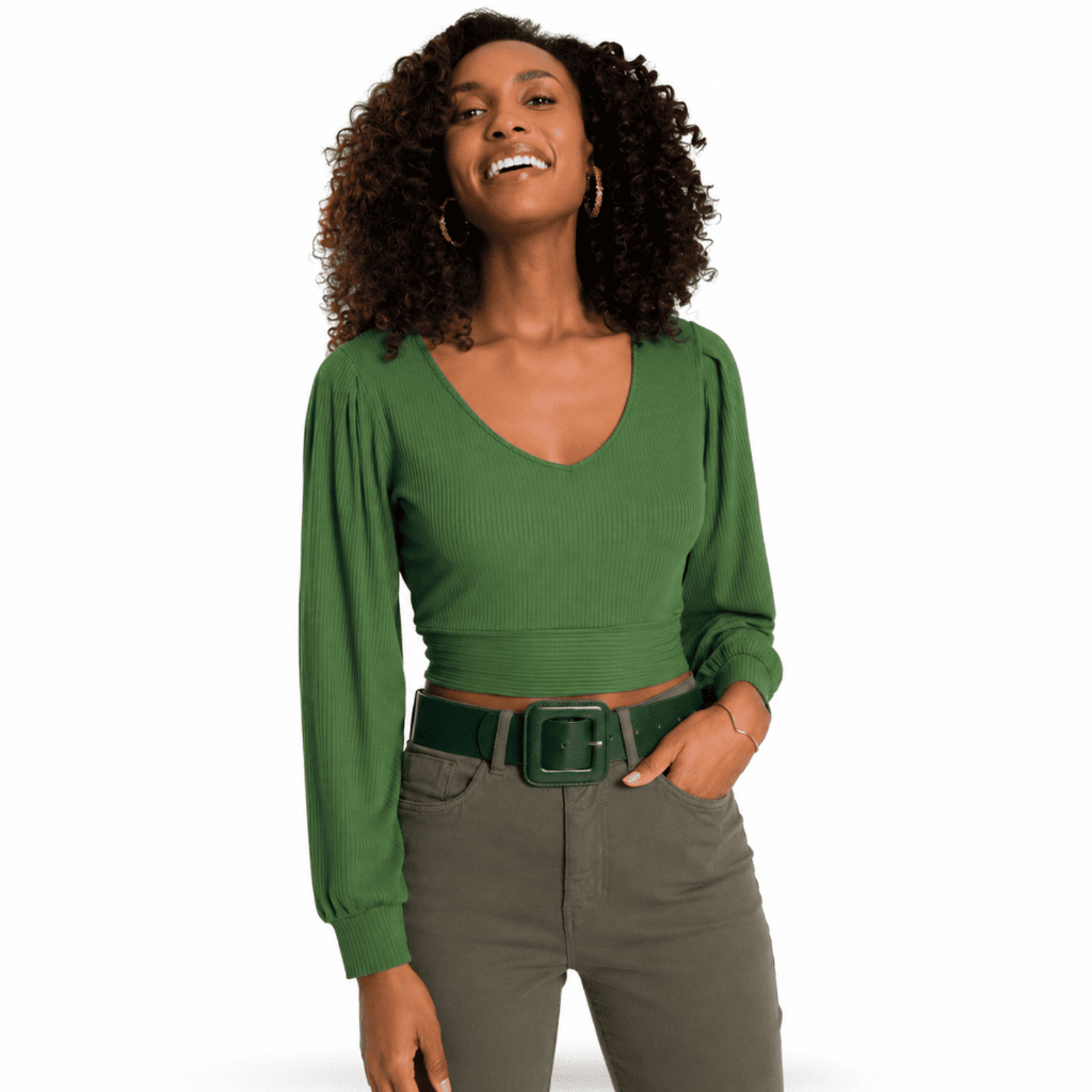 Blusa Cropped Canelada Lunender Feminina Manga Longa Verde Em Viscose Com Elastano