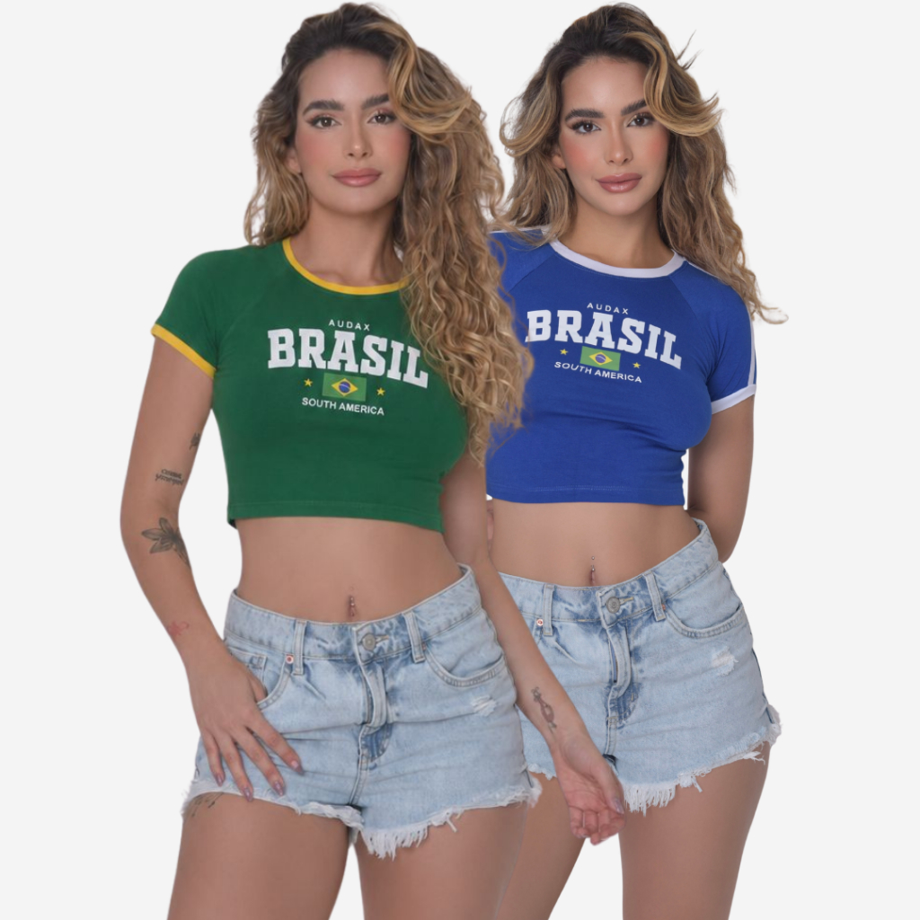 KIT 2 Unidades Cropped Brasil Feminino Baby Look Copa do Mundo Rio Camiseta Camisa do Brasil
