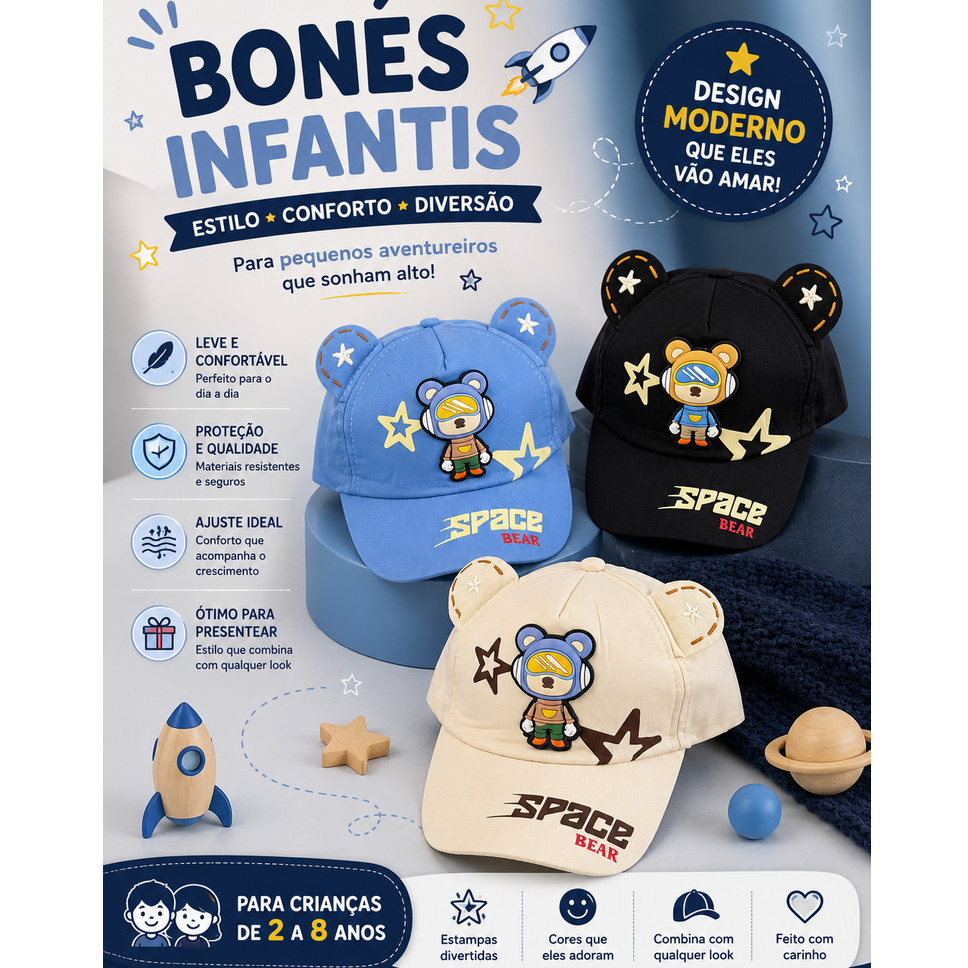 Boné Criança Infantil Personagens Fofo Ajustável 2 a 8 Anos