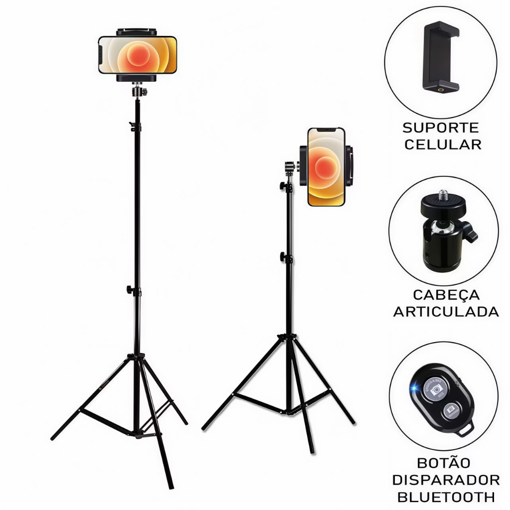 Tripé Pedestal 2,10m Suporte Celular + Controle Foto Vídeo Luz Câmera Estúdio Profissional