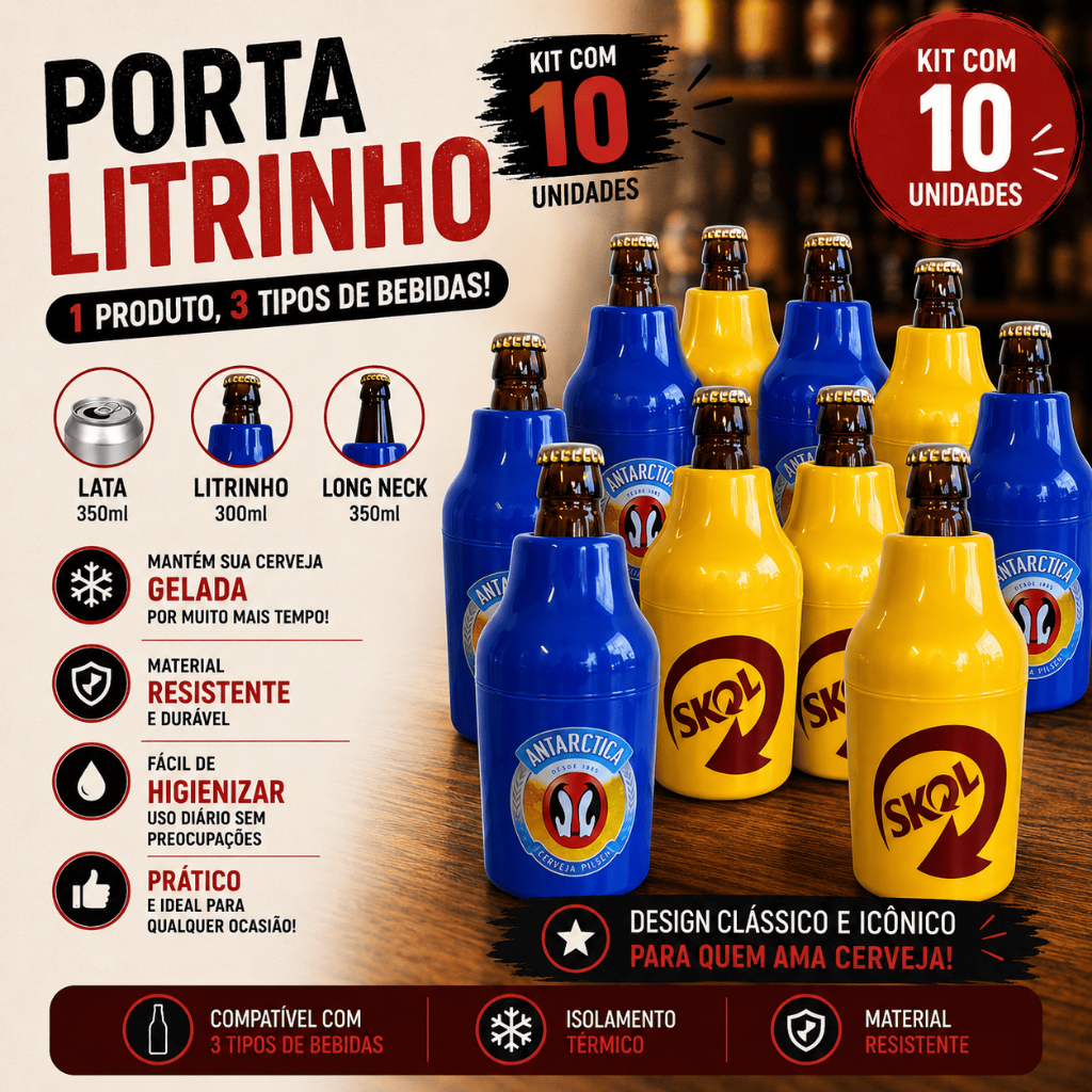 10 Porta Lata 3 em 1 Litrinho Suporte 300ml 350ml Antártica e Skol