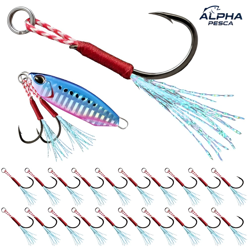 Kit 15 Suporte Hook com Penacho Premium Anzol Micro Jig Isca Artificial Robalo Pescada Corvina Tucunaré