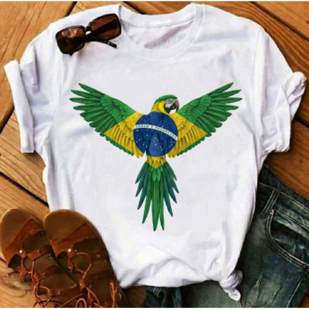 Camisa Camiseta Feminina Estampada Com Arara do Brasil Malha Premium  100%  Algodão  Cores  Variadas