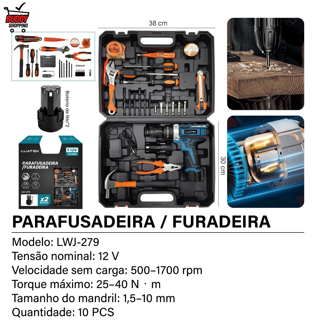 Parafusadeira E Furadeira Sem Fio 12V Kit De Ferramentas Com Maleta Completa E 2 Baterias LWJ-279