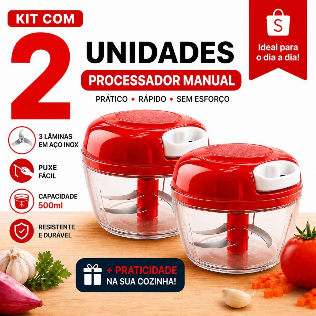 Kit 2 Processador De Alimentos Manual Triturador Alho Legumes 3 Laminas 500ml Promocao