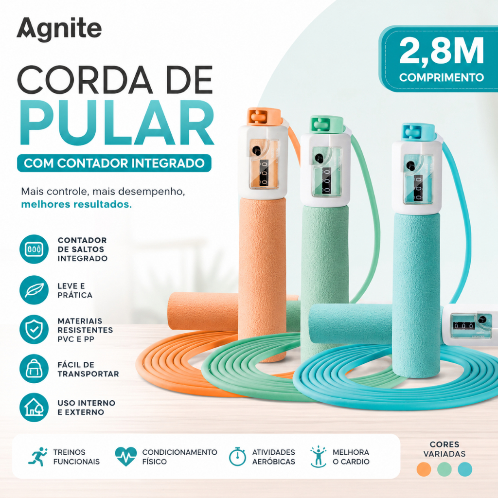Corda de Pular Fitness Agnite com Contador de Saltos Treino Aeróbico PVC