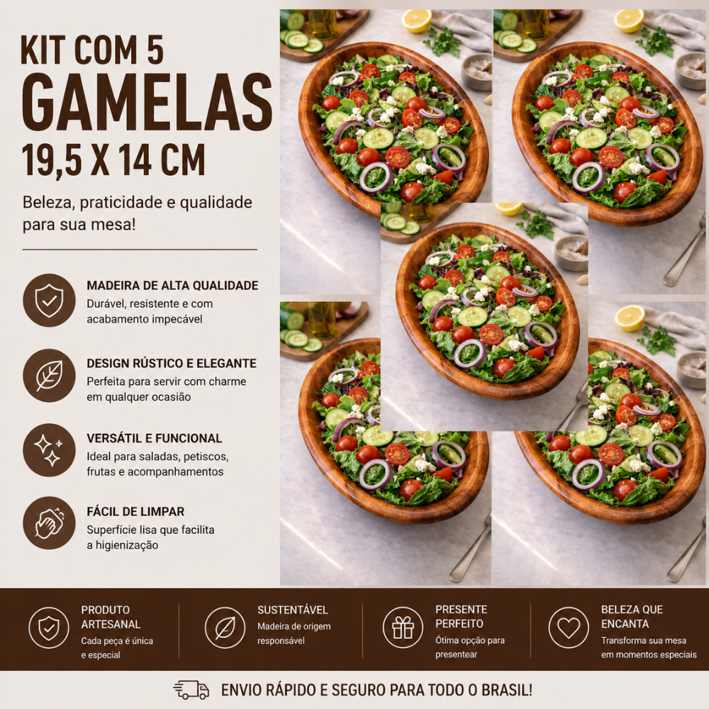 Tigela pote Bowl gamela Vasilha Saladeira Madeira Envernizada Oval Multiuso Cor Natural kit com 5