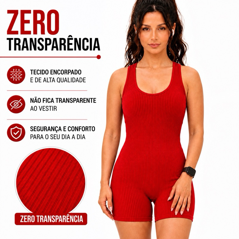 Macaquinho  Fitness Feminino Canelado Modela Corpo Zero Transparência Academia Justo Curto Confortável