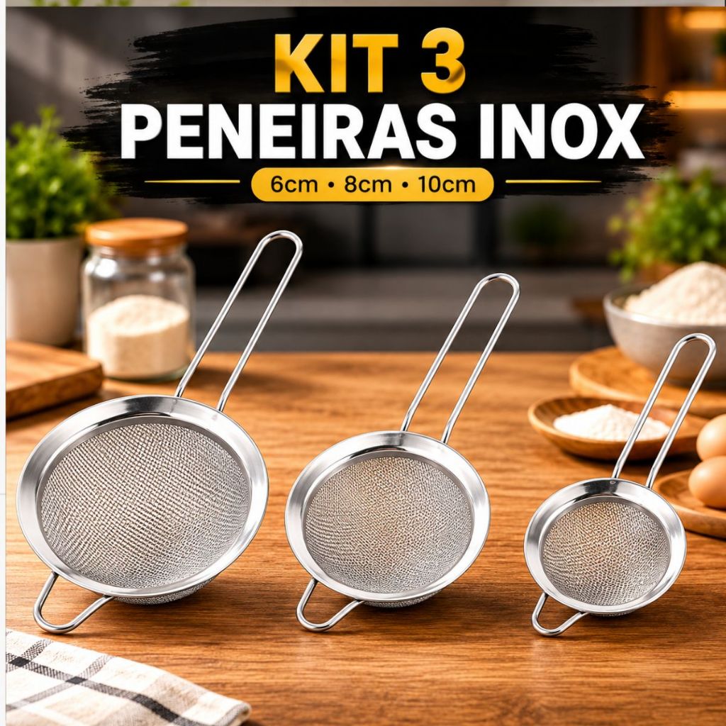 Kit 3 Peneiras Inox Malha Fina Coador 6cm 8cm 10cm Para Cozinha, Chá, Sucos