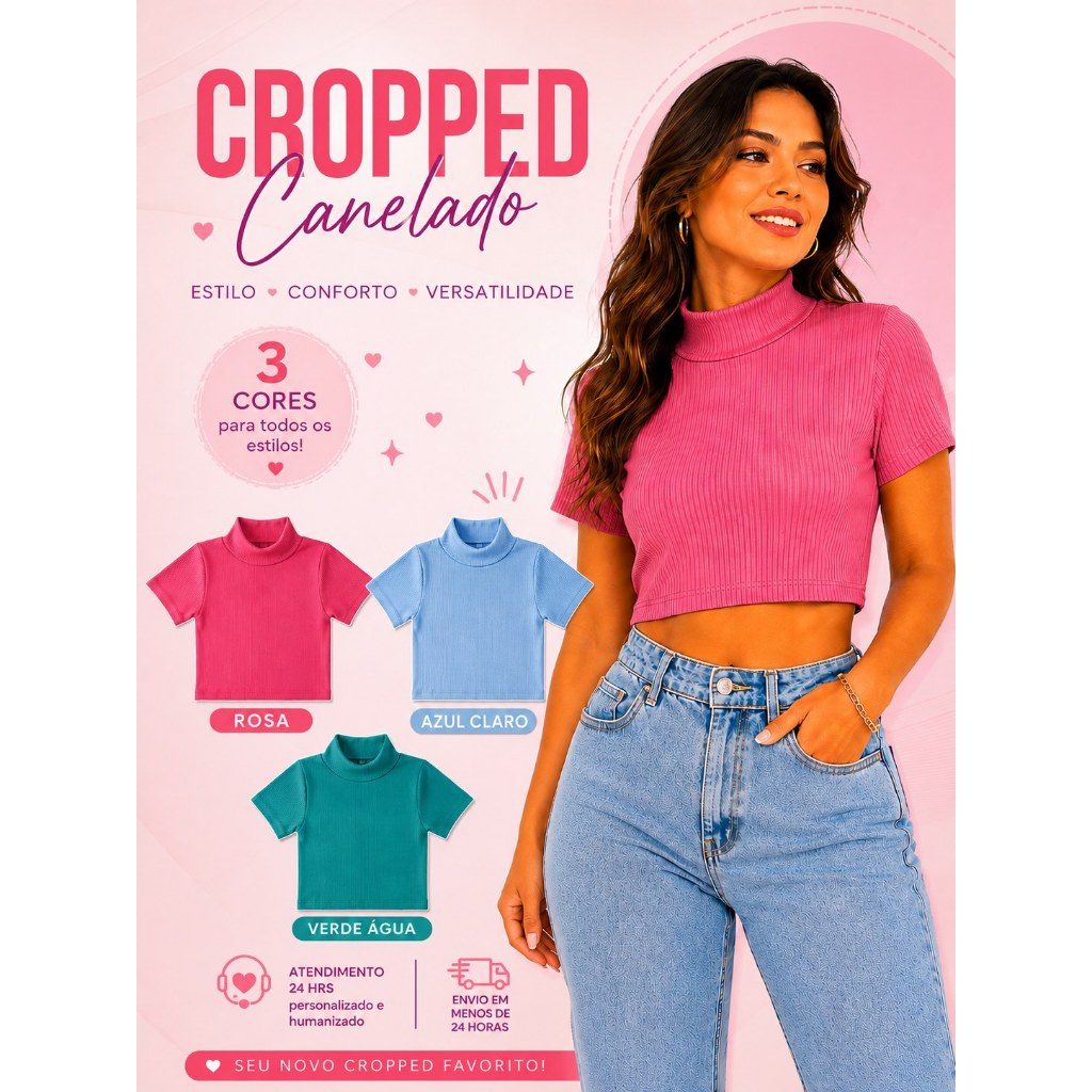 Blusinha Canelada Feminina Cropped Manga Curta Gola Alta Com Bojo Várias Cores