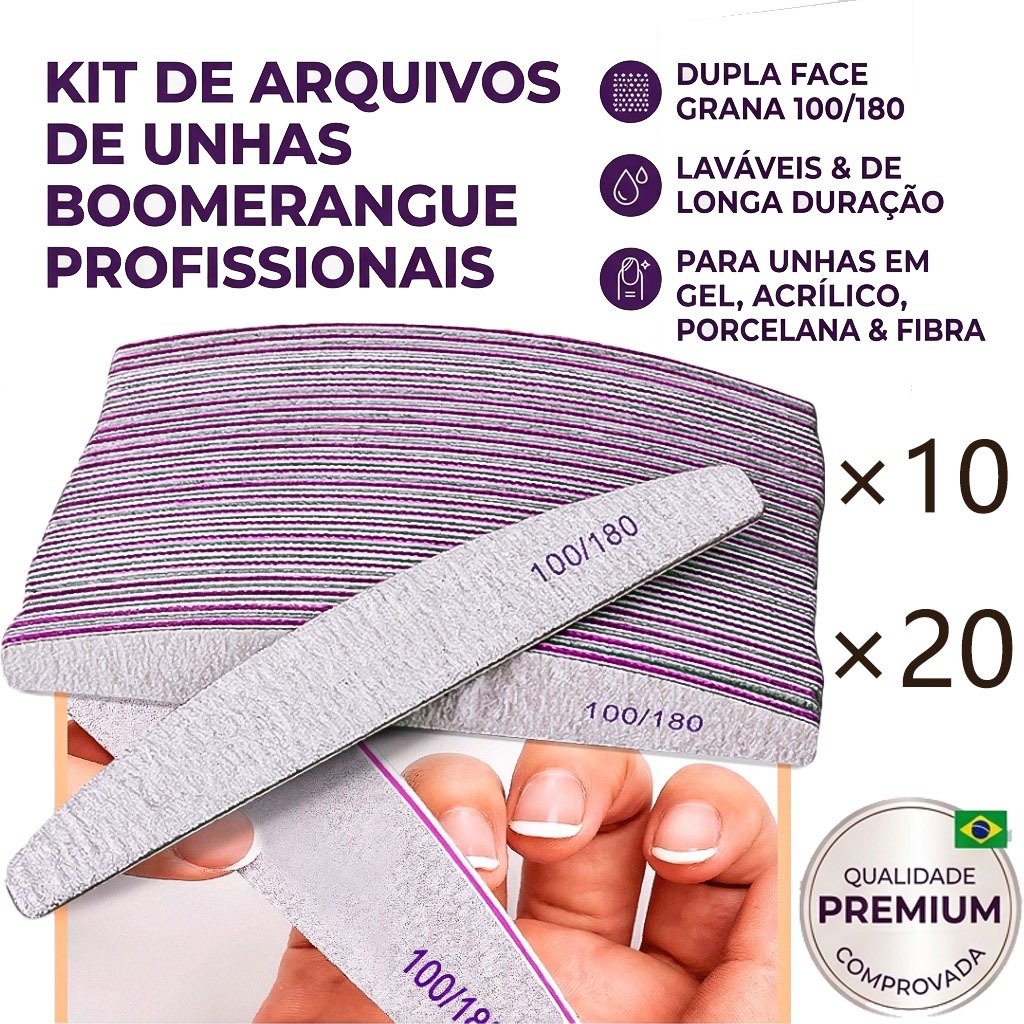 Kit 10 ou 20 Lixa Boomerang Lavável 100/180 Para Unhas Nail Acrigel Porcelana Fibra