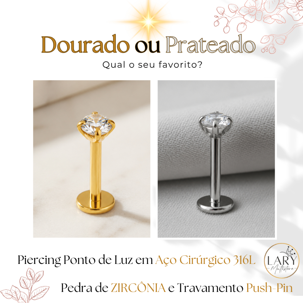 Piercing Labret Ponto Luz Zircônia Aco Cirurgico Haste Fina 0.8/1.0mm Push Pin Tragus Helix Conch