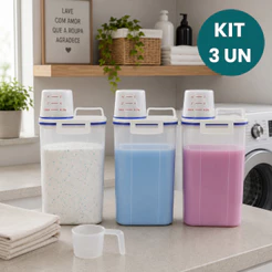 Kit 3 Potes Herméticos 2L Lavanderia Copo Medidor Bico Dosador Porta Sabão em Pó Amaciante Anti Vazamento
