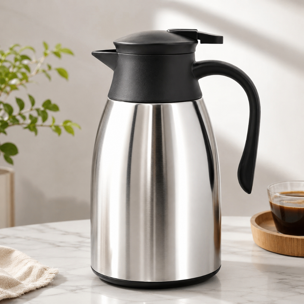 Garrafa Térmica Inox 1 Litro Parede Dupla Vidro com Cabo Chá Café Bebidas Quentes e Frias